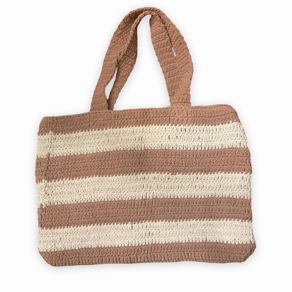A.New Day Handbags - Beach Vibes Crochet Market Tote Bag Camel Brown Stripe Grannycore Purse